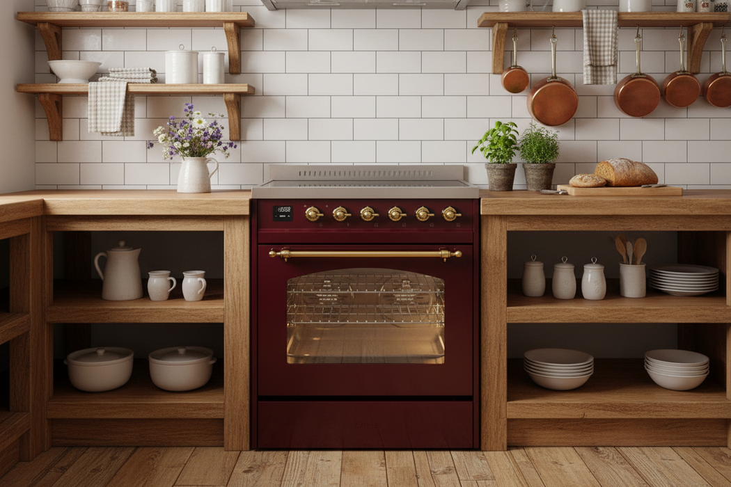 ILVE Nostalgie II 30" Electric Range, Burgundy, Brass Trim UPI304NMPBUG