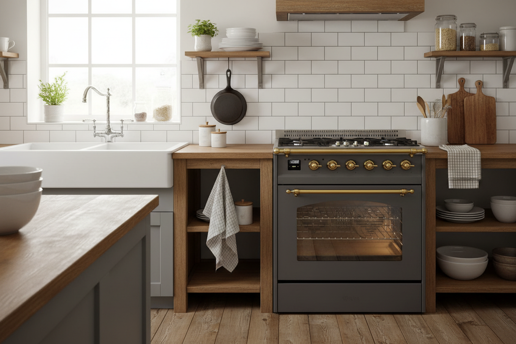 ILVE Nostalgie II 30" Electric Range, Matte Graphite, Brass Trim UPI304NMPMGG