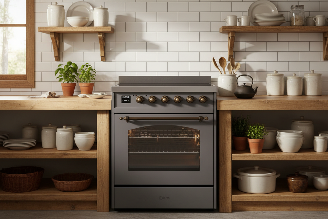 ILVE Nostalgie II 30" Electric Range, Matte Graphite, Bronze Trim UPI304NMPMGB