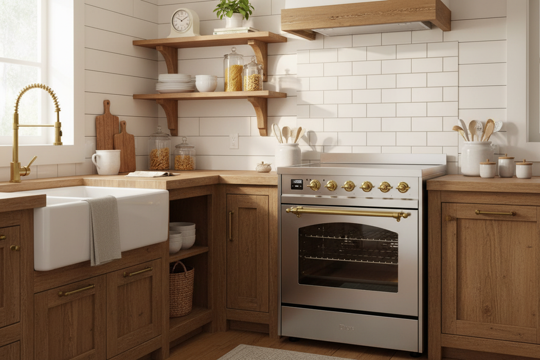 ILVE Nostalgie II 30" Electric Range, Stainless Steel, Brass Trim UPI304NMPSSG