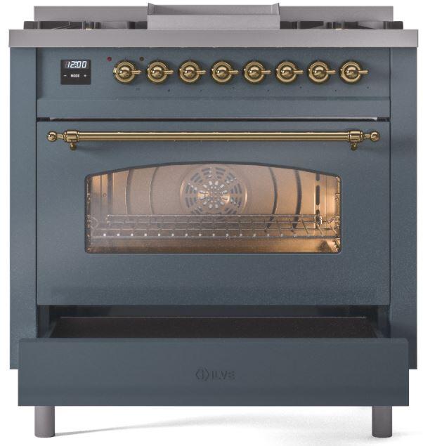 ILVE Nostalgie II 36 " Dual Fuel Natural Gas Freestanding Range in Blue Grey with Brass Trim, UP36FNMPBGG - Farmhouse Kitchen and Bath
