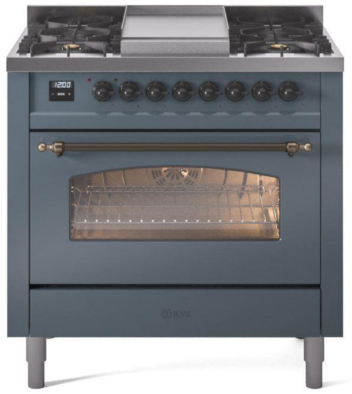 ILVE Nostalgie II 36 " Dual Fuel Natural Gas Freestanding Range in Blue Grey with Bronze Trim, UP36FNMPBGB - Farmhouse Kitchen and Bath