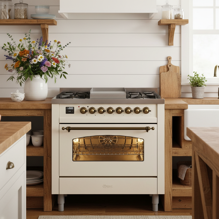Ilve Nostalgie II 36 Inch Dual Fuel Natural Gas Freestanding Range in Antique White with Bronze Trim, UP36FNMPAWB
