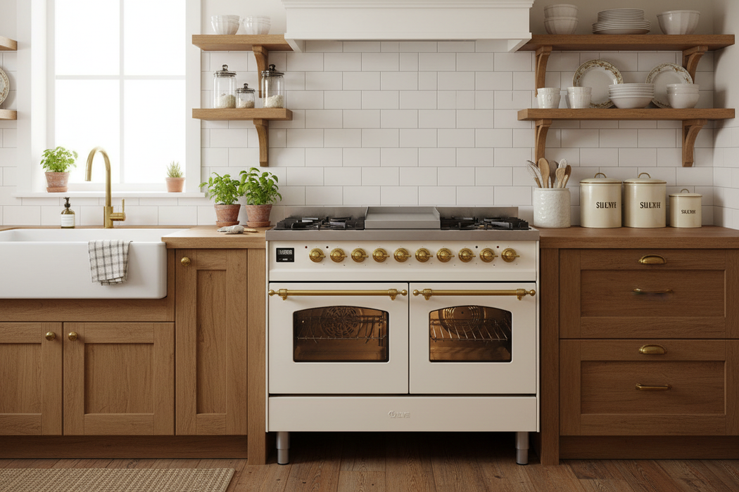 ILVE Nostalgie II 40" Dual Fuel Natural Gas Range, Antique White, Brass Trim UPD40FNMPAWG