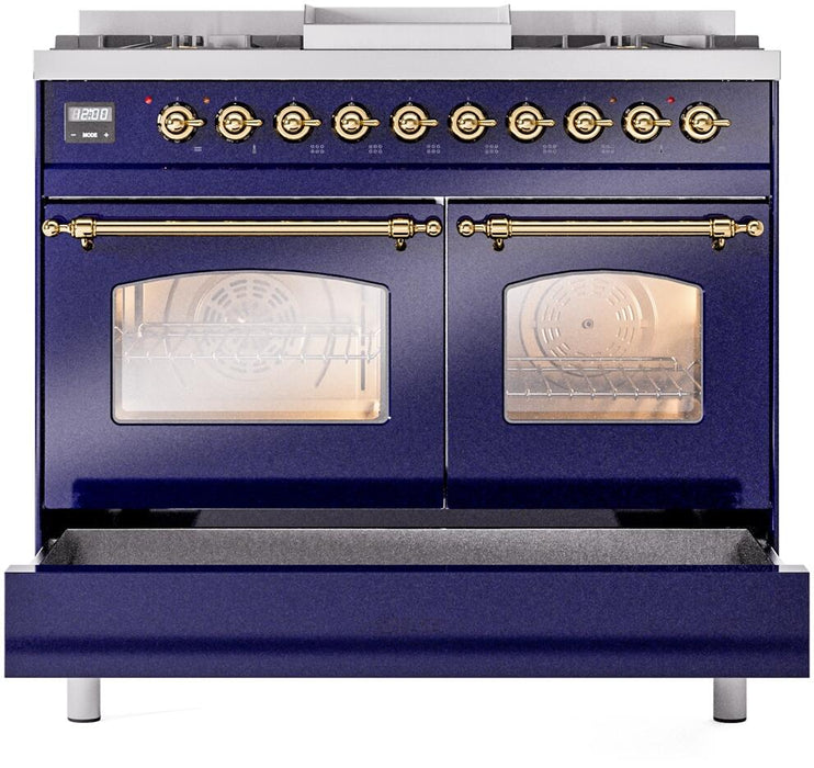 ILVE Nostalgie II 40" Dual Fuel Natural Gas Range, Blue, Brass Trim UPD40FNMPMBG - Farmhouse Kitchen and Bath