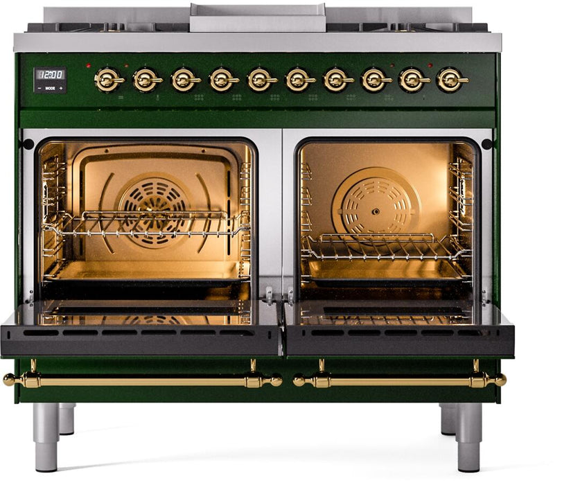ILVE Nostalgie II 40" Dual Fuel Natural Gas Range, Emerald Green, Brass Trim UPD40FNMPEGG - Farmhouse Kitchen and Bath
