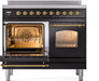ILVE Nostalgie II 40" Electric Range, Glossy Black, Brass Trim UPDI406NMPBKG - Farmhouse Kitchen and Bath
