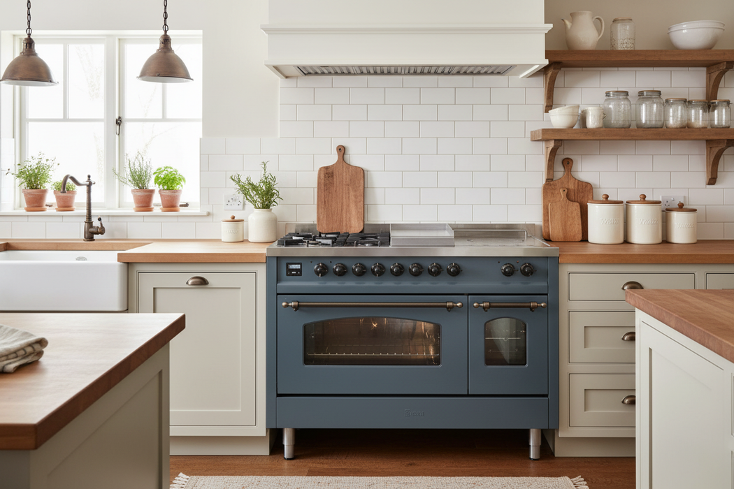 ILVE Nostalgie II 48"  Dual Fuel Natural Gas Range Blue Grey Bronze Trim UP48FSNMPBGB