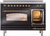 ILVE Nostalgie II 48" Electric Range, Glossy Black, Brass Trim UPI486NMPBKG - Farmhouse Kitchen and Bath