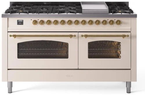 ILVE Nostalgie II 60" Dual Fuel Liquid Propane Range, Antique White, Brass Trim UP60FNMPAWGLP - Farmhouse Kitchen and Bath