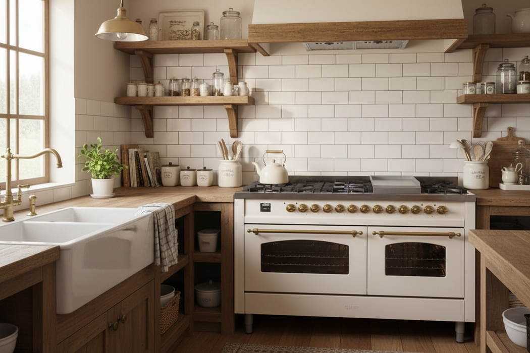 ILVE Nostalgie II 60" Dual Fuel Natural Gas Range, Antique White, Brass Trim UP60FNMPAWG