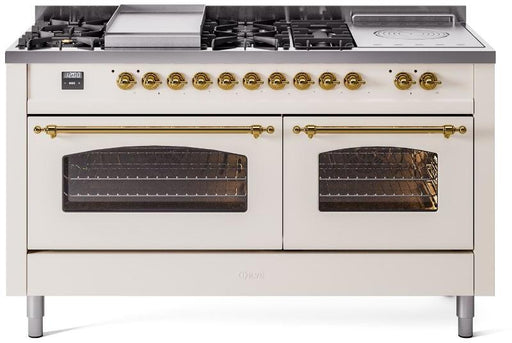 ILVE Nostalgie II 60" Dual Fuel Natural Gas Range, Antique White, Brass Trim UP60FSNMPAWG - Farmhouse Kitchen and Bath