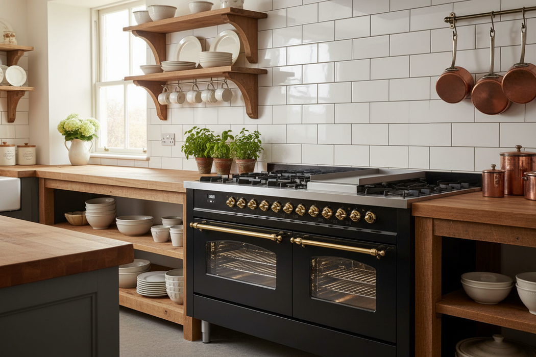 ILVE Nostalgie II 60" Dual Fuel Liquid Propane Range, Glossy Black, Brass Trim UP60FNMPBKGLP