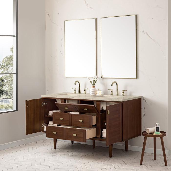 James Martin Amberly 60" Dual Mount Double Bathroom Vanity, Mid-Century Walnut