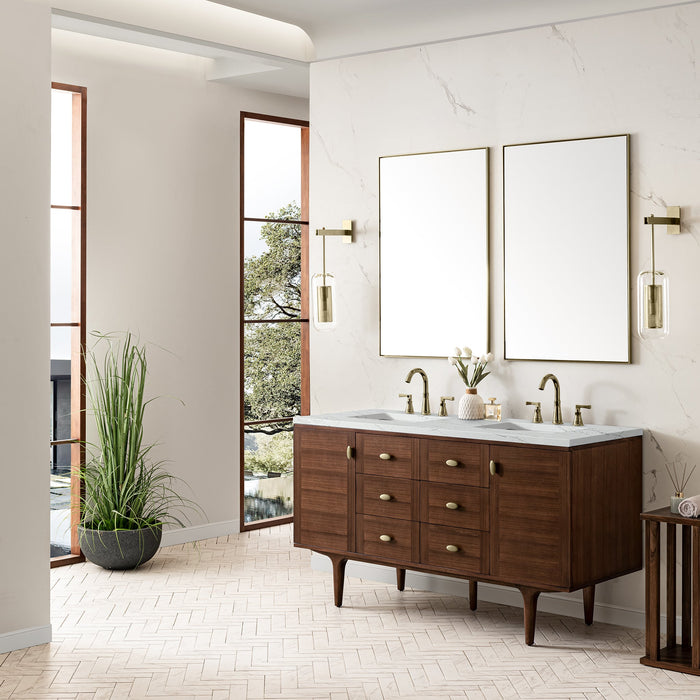James Martin Amberly 60" Dual Mount Double Bathroom Vanity, Mid-Century Walnut