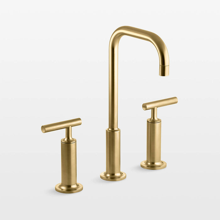 Kohler ® Purist ® Widespread Brushed Brass Gooseneck Bathroom Sink Faucet 615109 - Farmhouse Kitchen and Bath
