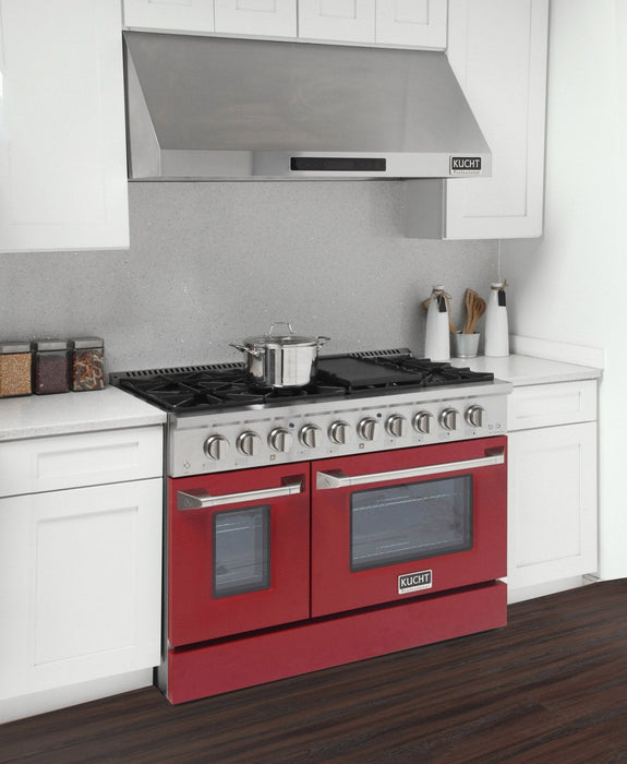 Kucht 48" Propane Range in Stainless Steel, Red Doors, KNG481/LP - R - Farmhouse Kitchen and Bath