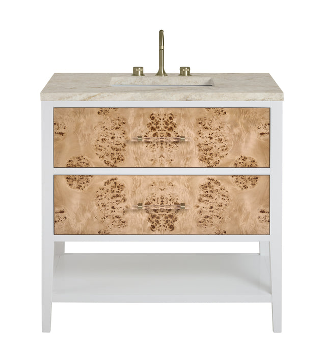 James Martin Olena 36" Single Bathroom Vanity, Polished White and Light Mappa Burl