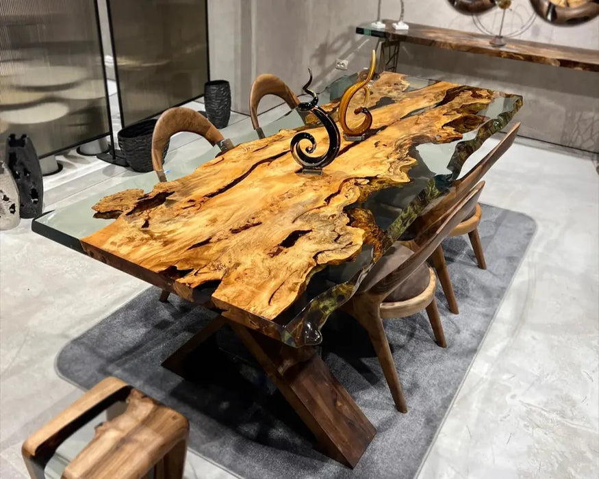 Solid Linden Wood Natural Look Epoxy Resin Side Dining Table