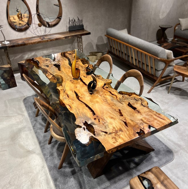 Solid Linden Wood Natural Look Epoxy Resin Side Dining Table