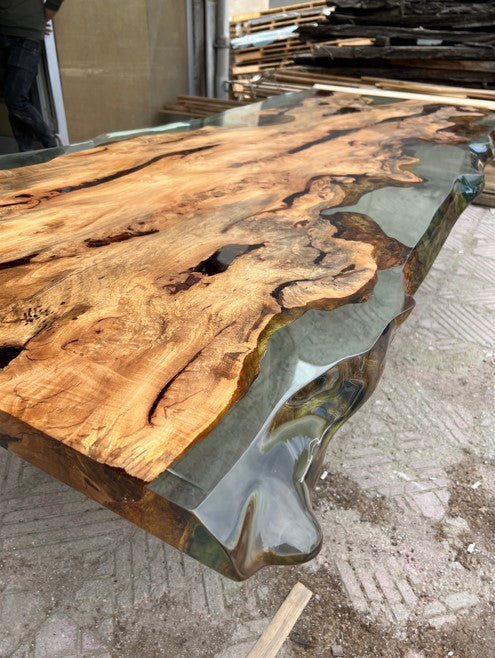 Solid Linden Wood Natural Look Epoxy Resin Side Dining Table