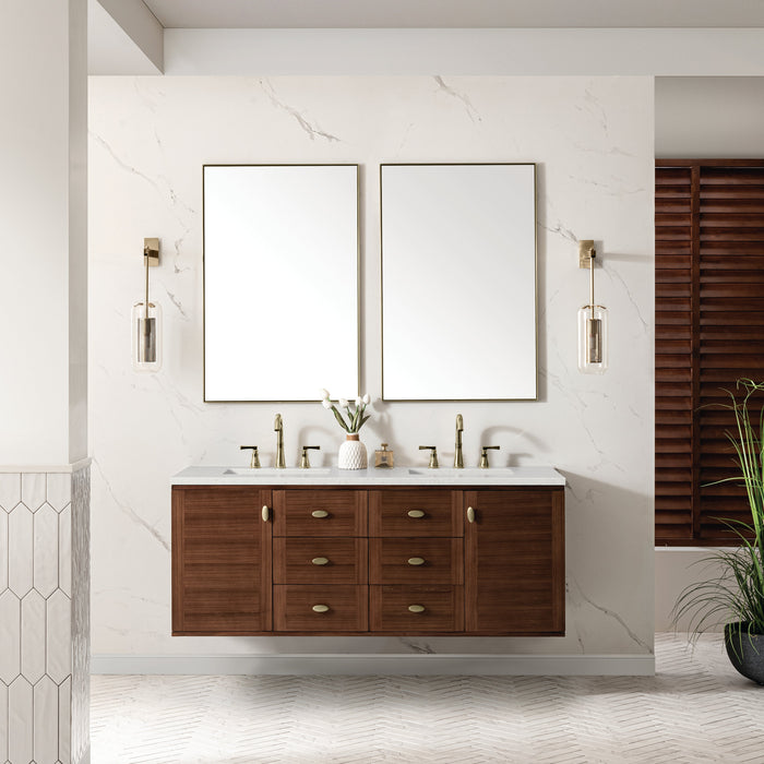 James Martin Amberly 60" Dual Mount Double Bathroom Vanity, Mid-Century Walnut