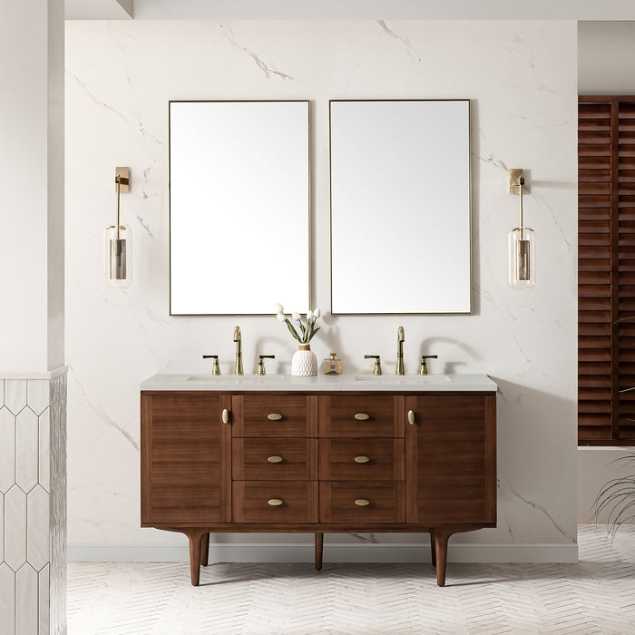 James Martin Amberly 60" Dual Mount Double Bathroom Vanity, Mid-Century Walnut