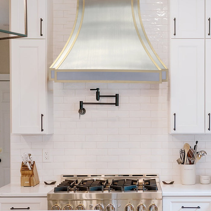 New Curved Stainless Steel Custom Range Hood with Brass Straps for Kitchen