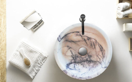 natural stone new york white marble round vessel sink polished SKU NTRVS40 Size (D)12" (H)5" installed in bathroom