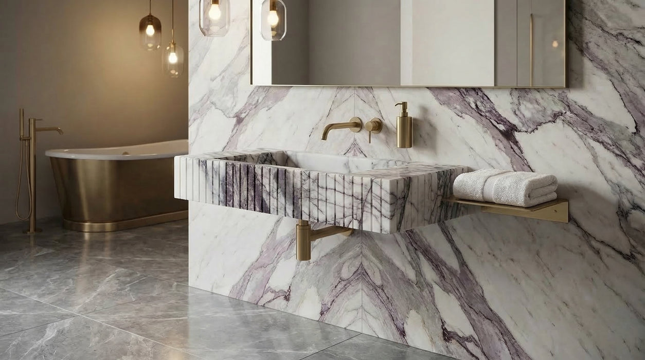 New York Marble Wall Mount Bathroom Sink Fluted Design with 12 by 20 by 5 Inch Size
