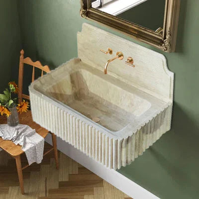 Beige Travertine Wall-mount Vanity Sink - Fluted 16 x 36 x 6