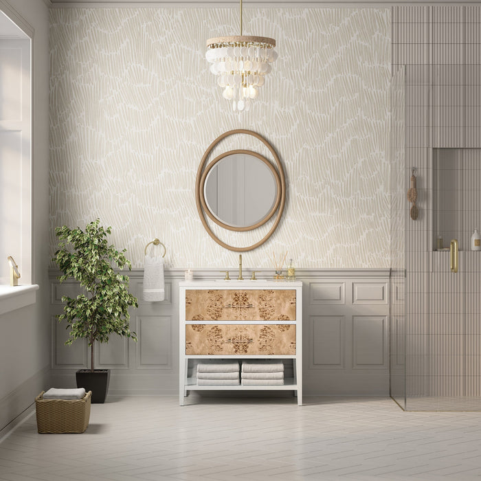 James Martin Olena 36" Single Bathroom Vanity, Polished White and Light Mappa Burl