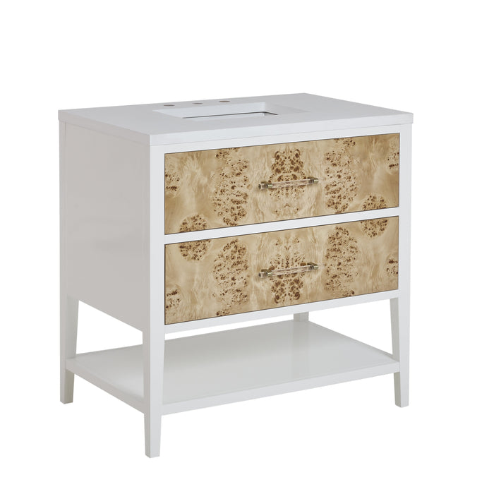 James Martin Olena 36" Single Bathroom Vanity, Polished White and Light Mappa Burl