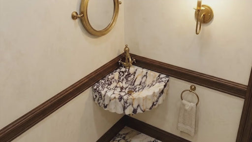 Calacatta Viola Marble Wall-mount Bathroom Corner Vanity Sink Ribbed (W)20" (L)20" (H)7"