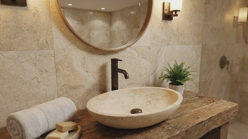 Troia Light Travertine Natural Stone Oval Vessel Sink (W)16" (L)21" (H)6"