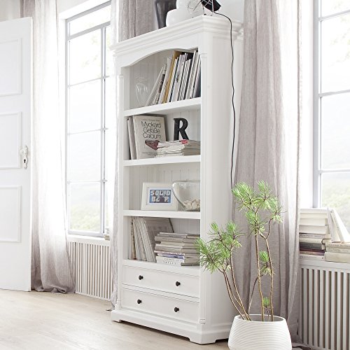 Provence Pure White Mahogany Wood Bookcase With 4 Shelves And 2 Drawers - Farmhouse Kitchen and Bath