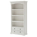 Provence Pure White Mahogany Wood Bookcase With 4 Shelves And 2 Drawers - Farmhouse Kitchen and Bath