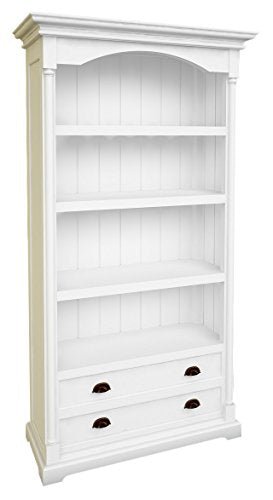 Provence Pure White Mahogany Wood Bookcase With 4 Shelves And 2 Drawers - Farmhouse Kitchen and Bath