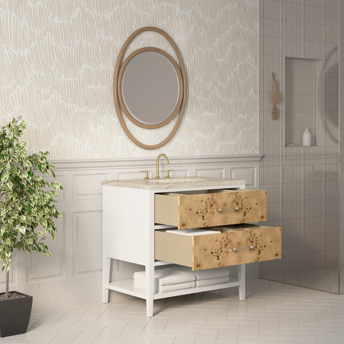 James Martin Olena 36" Single Bathroom Vanity, Polished White and Light Mappa Burl