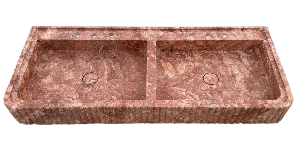 Red Travertine Double Bathroom Vanity Sink Fluted on Front and Edges NTRVS155