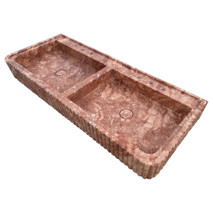 Red Travertine Double Bathroom Vanity Sink Fluted on Front and Edges NTRVS155