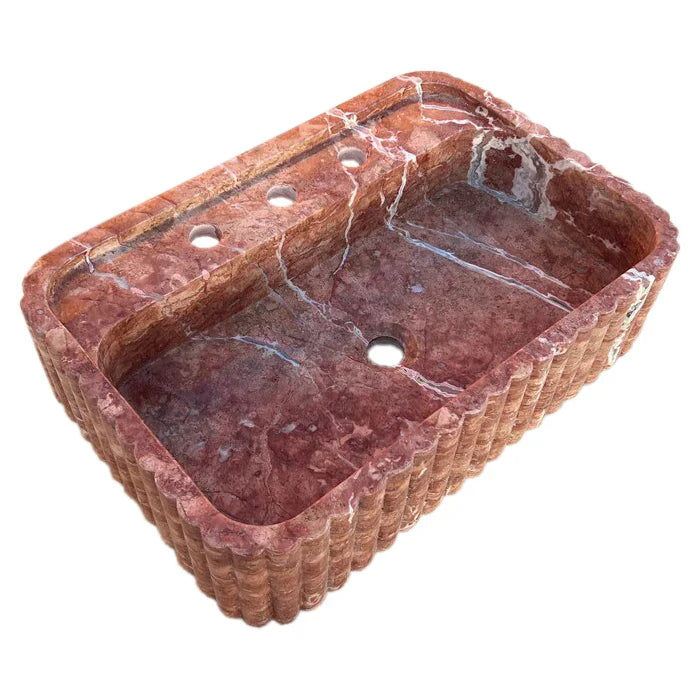 Red Travertine Wall Mount Bathroom Sink Ribbed Textured 24x16