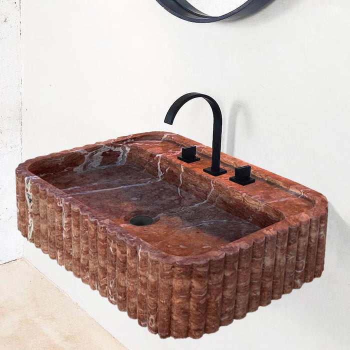 Red Travertine Wall-mount Bathroom Sink Ribbed Textured NTRVS187