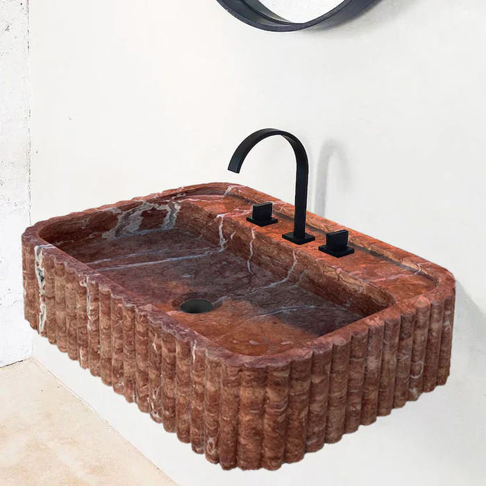 Red Travertine Wall Mount Bathroom Sink Ribbed Textured 24x16