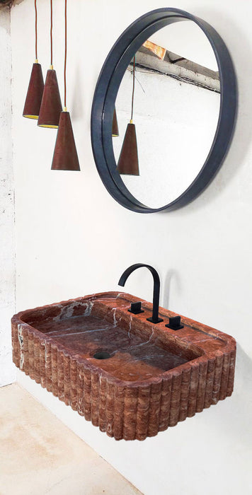 Red Travertine Wall-mount Bathroom Sink Ribbed Textured NTRVS187