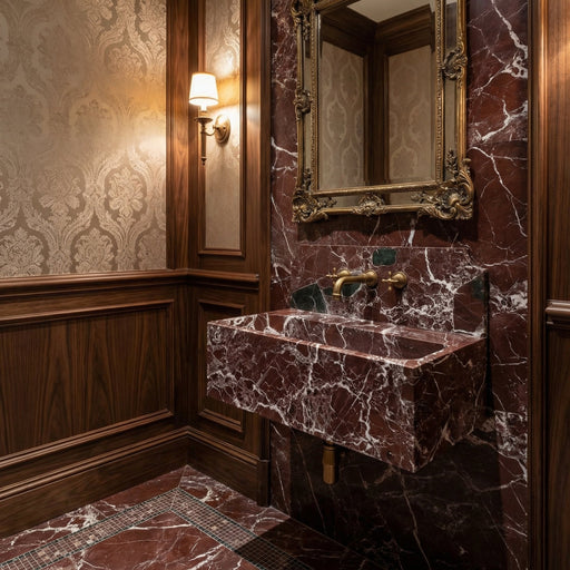 Luxurious bathroom with marble sink and gold fixtures Rosso Levanto Marble Wall-mount Bathroom Sink with 11" Backsplash (W)16" (L)30" (H)12"