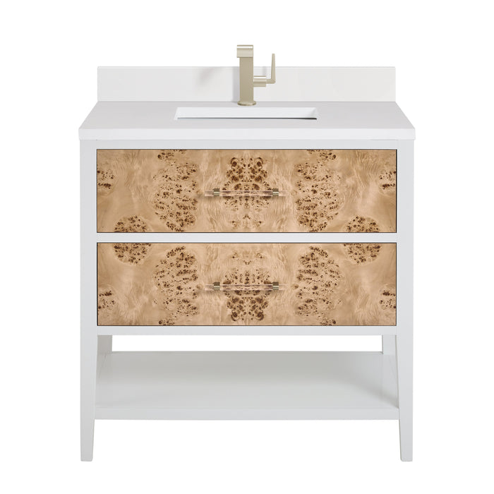 James Martin Olena 36" Single Bathroom Vanity, Polished White and Light Mappa Burl