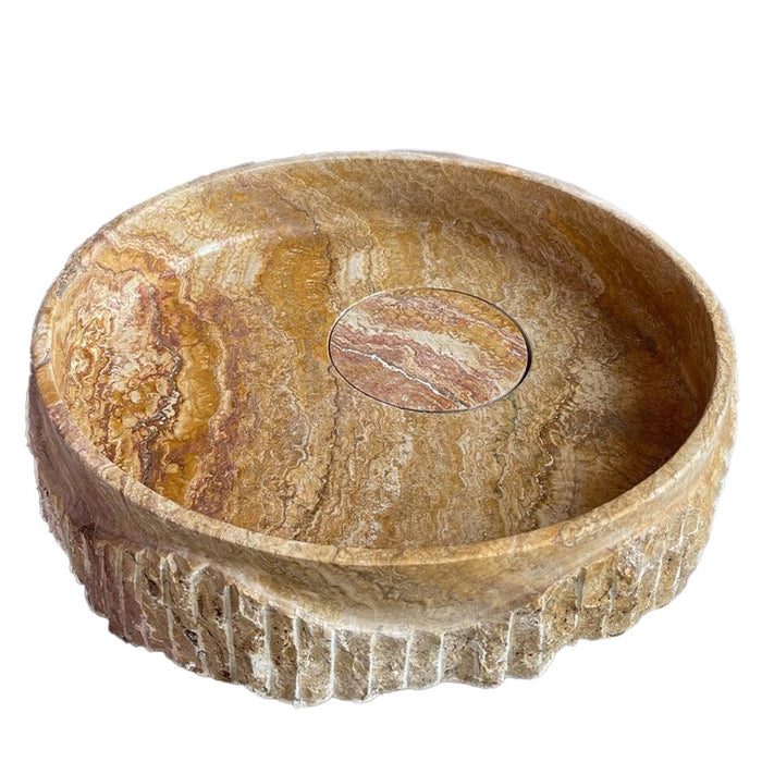scabos gold travertine round vessel sink