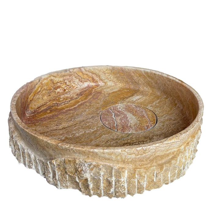 scabos gold travertine round vessel sink