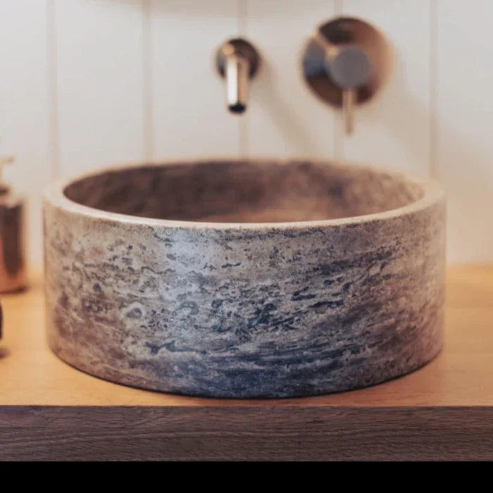 Silver Travertine Vessel Sink - Polished Natural Stone 16 x 5